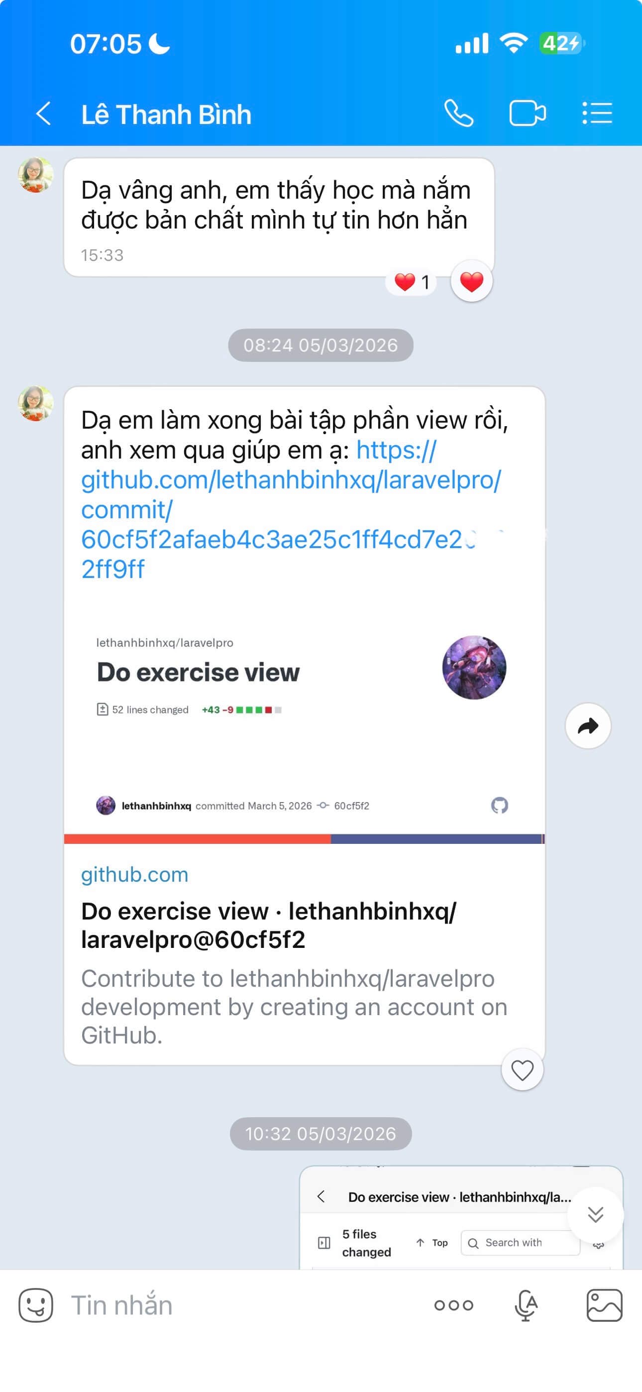 Mentor hỗ trợ review code qua Zalo